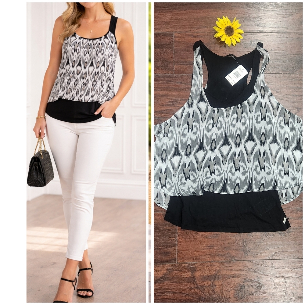 GUESS Black & White Ikat Layered Tank Top - NWT
